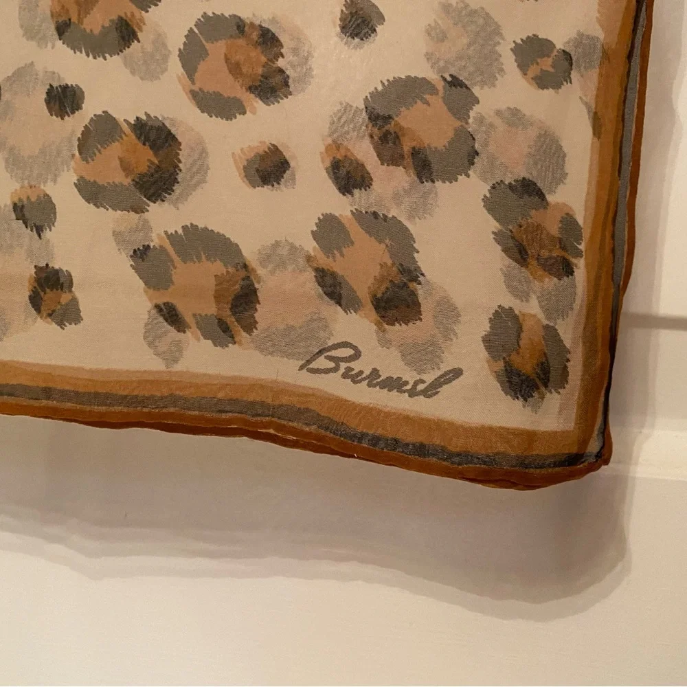 BURMEL SCARF VINTAGE CREAM BROWN BLACK SHEER ANIMAL PRINT HAND ROLLED RECTANGLE